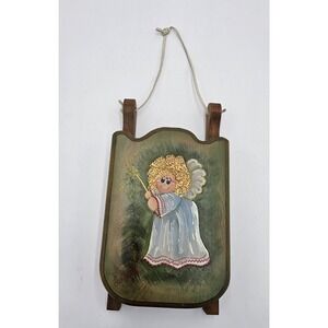 Wood Hand Painted Sled Sleigh Blonde Angel Girl Wall Hanging Christmas Decor